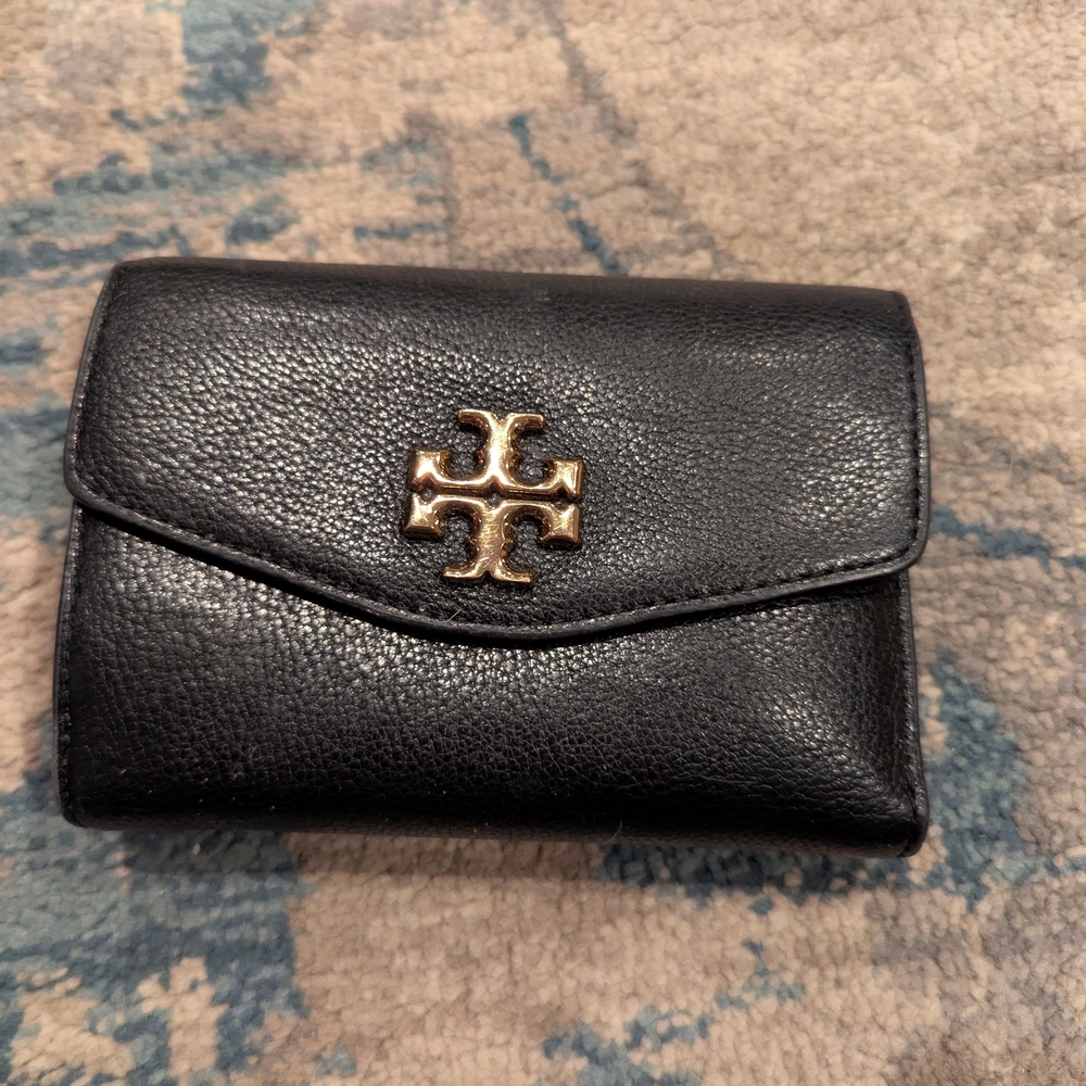 Tory Burch Black Leather Card Holder with Gold Logo